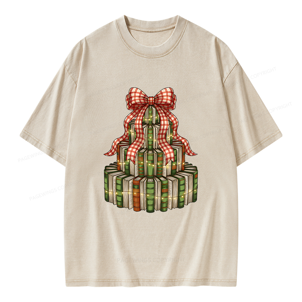 Pagewings Christmas Book Tree Unisex Washed T-shirt