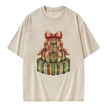 Pagewings Christmas Book Tree Unisex Washed T-shirt