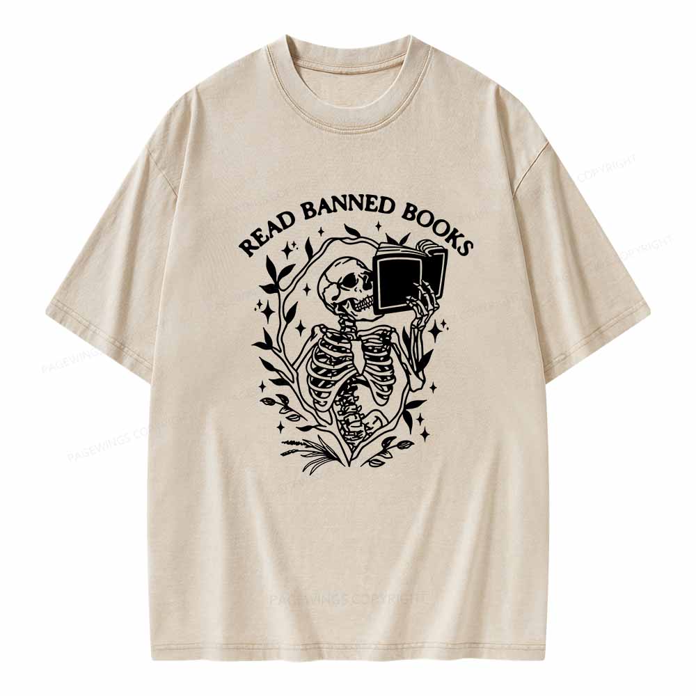 Pagewings Read Banned Books Skeleton Halloween Goth Protest T-Shirt Unisex Washed T-shirt