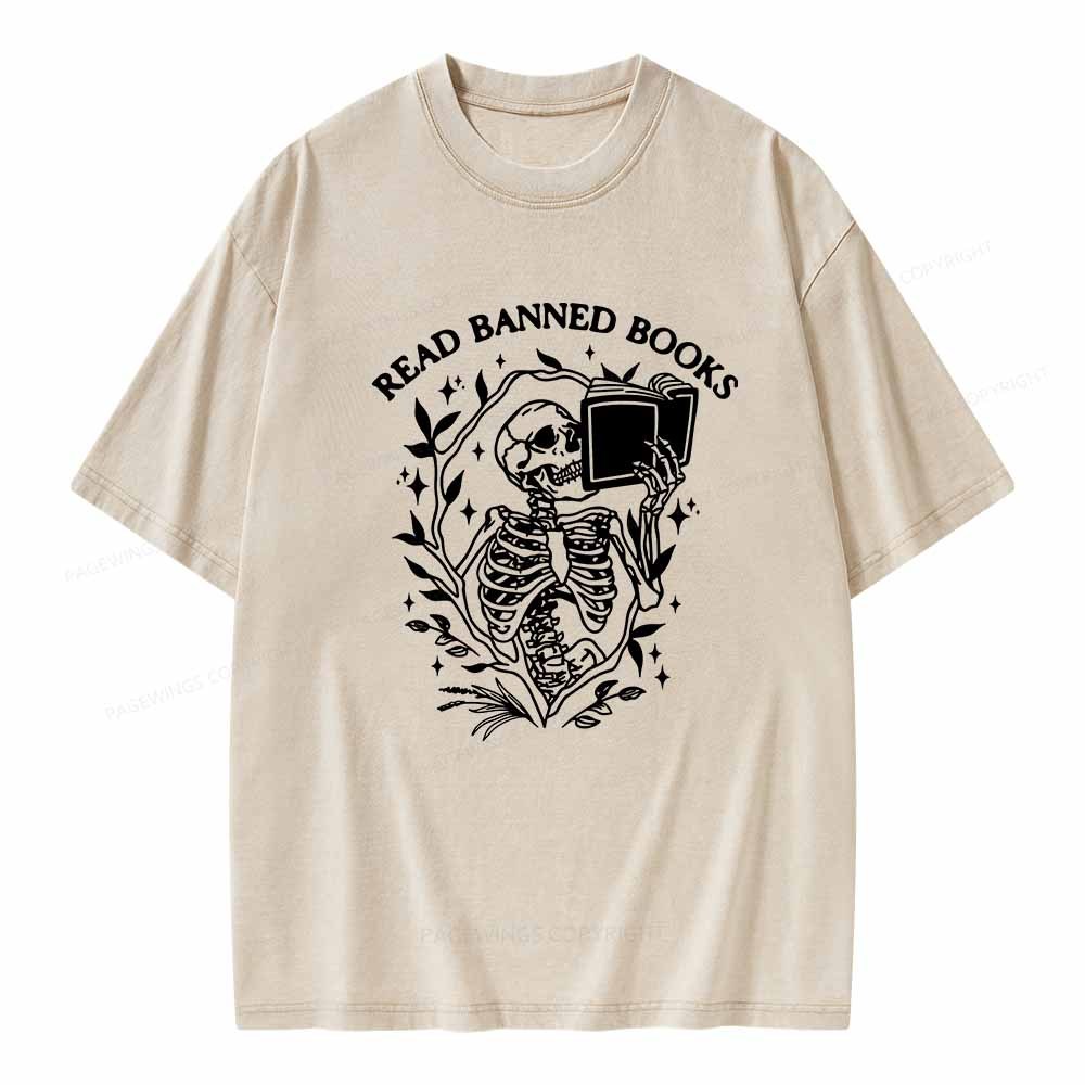 Pagewings Read Banned Books Skeleton Halloween Goth Protest T-Shirt Unisex Washed T-shirt