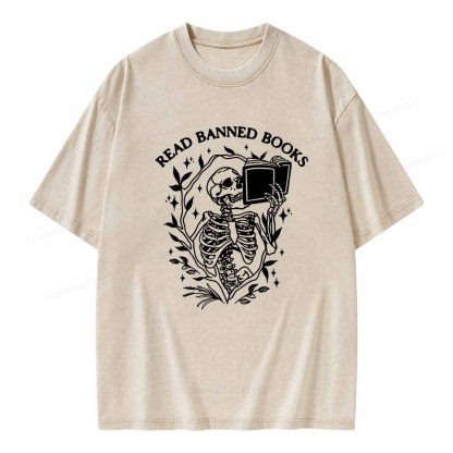 Pagewings Read Banned Books Skeleton Halloween Goth Protest T-Shirt Unisex Washed T-shirt