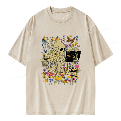 Pagewings Skull Skeleton Reading Book Unisex Washed T-shirt