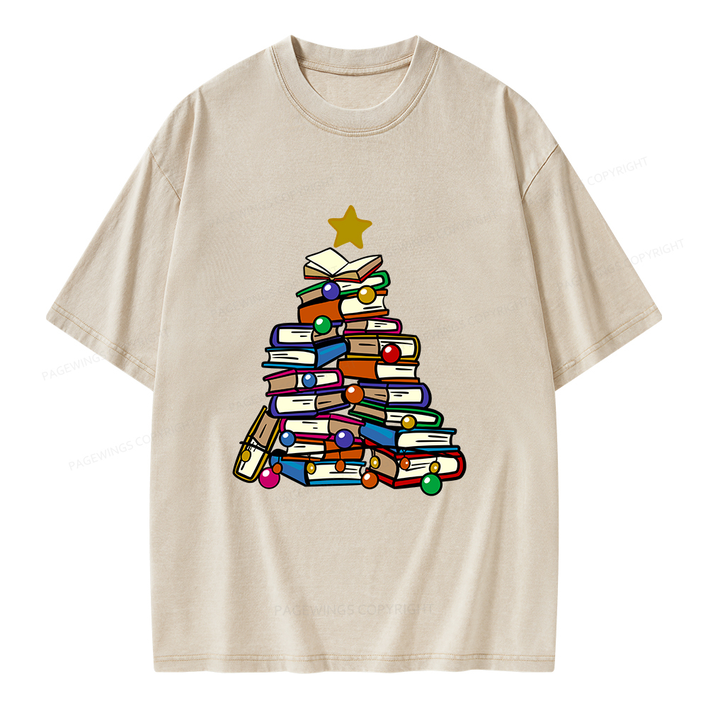 Pagewings Christmas Tree Bookworm Unisex Washed T-shirt