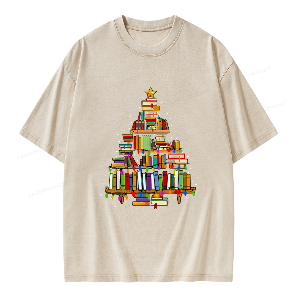 Pagewings Christmas Books Tree Unisex Washed T-shirt