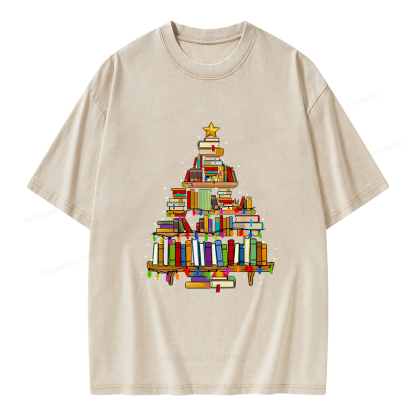 Pagewings Christmas Books Tree Unisex Washed T-shirt