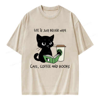 Pagewings Life Is Just Better With Cats Coffee And Books Unisex Washed T-shirt