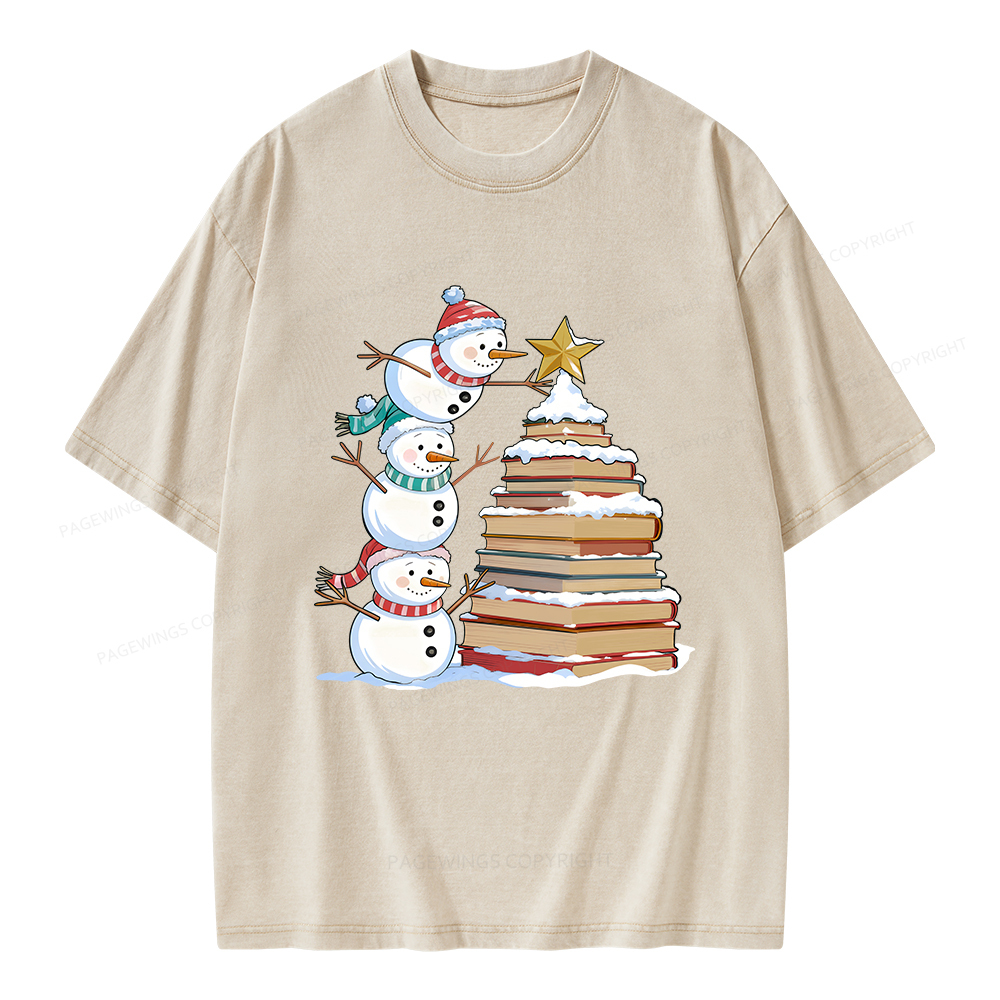 Pagewings Christmas Snowman Books Tree Unisex Washed T-shirt