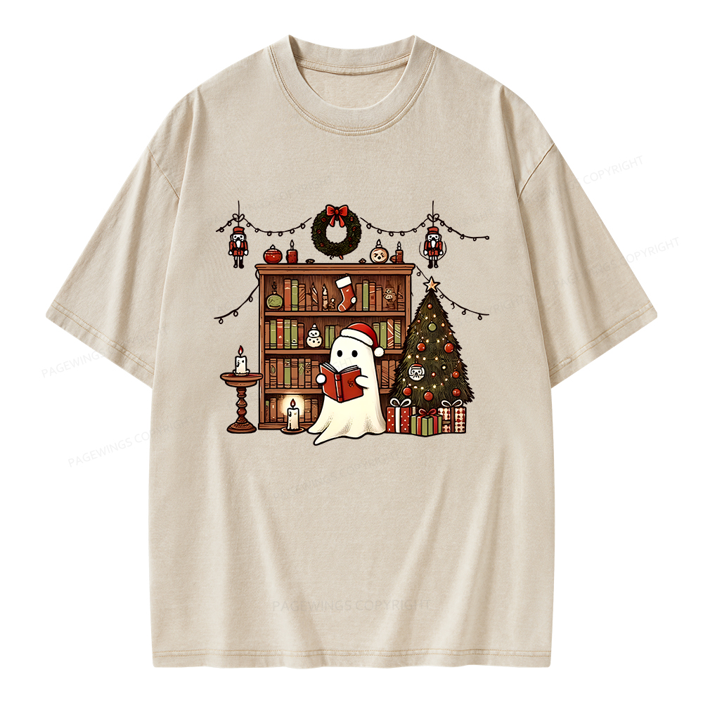 Pagewings Christmas Ghost Book Unisex Washed T-shirt