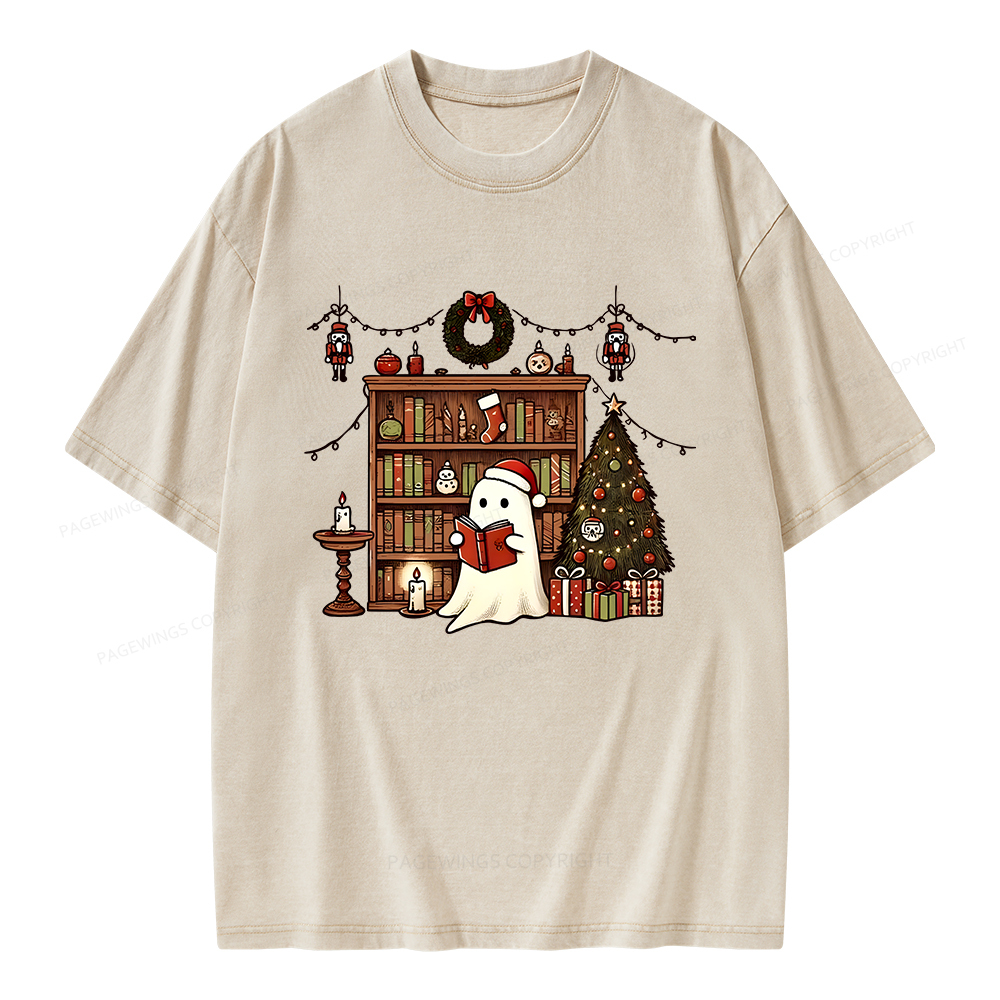 Pagewings Christmas Ghost Book Unisex Washed T-shirt