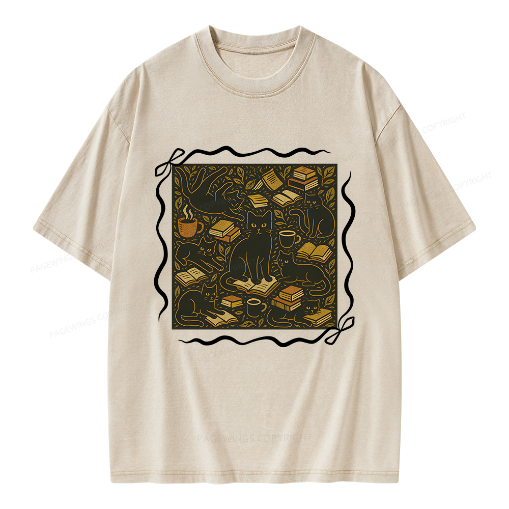 Pagewings Cats And Books Unisex Washed T-shirt