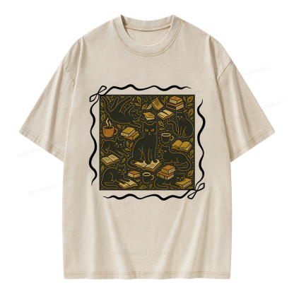 Pagewings Cats And Books Unisex Washed T-shirt