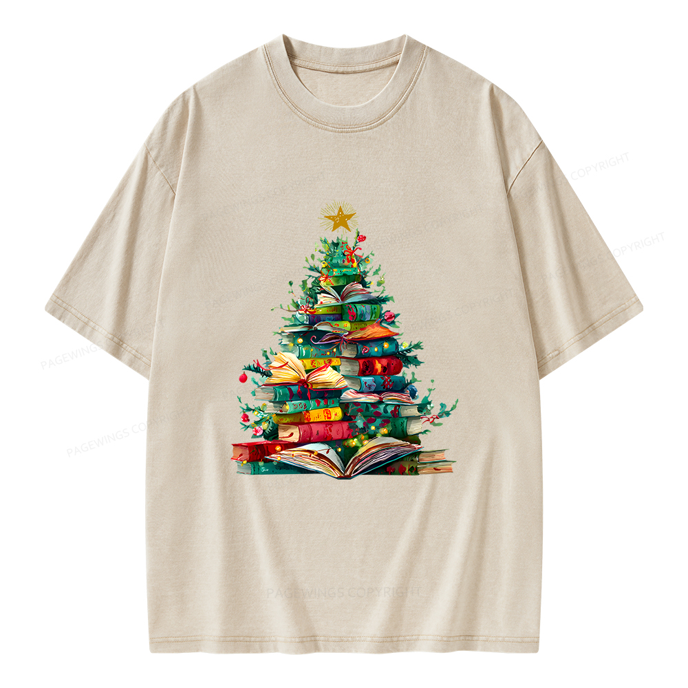 Pagewings Christmas Book Tree Unisex Washed T-shirt