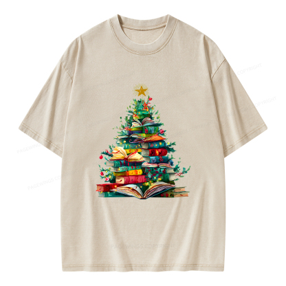 Pagewings Christmas Book Tree Unisex Washed T-shirt