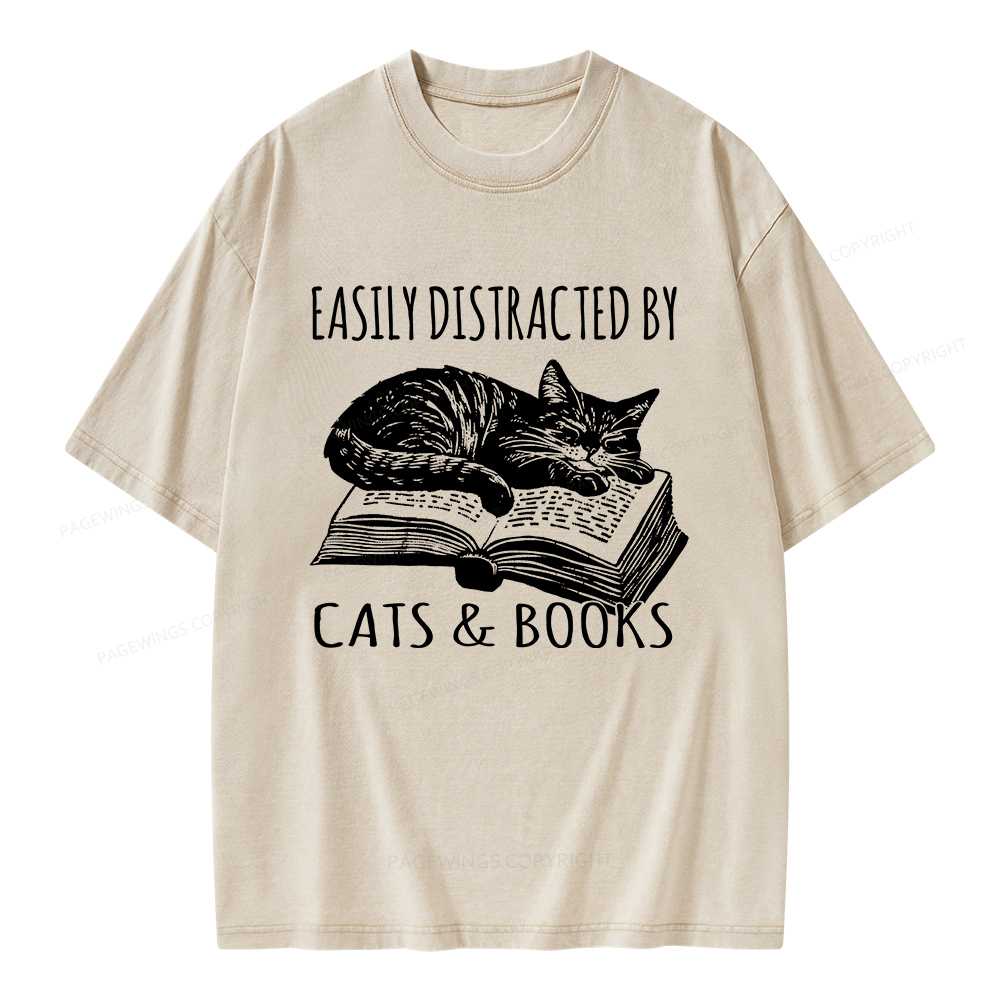 Pagewings Easily Distracted By Cats & Books Unisex Washed T-shirt