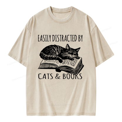 Pagewings Easily Distracted By Cats & Books Unisex Washed T-shirt