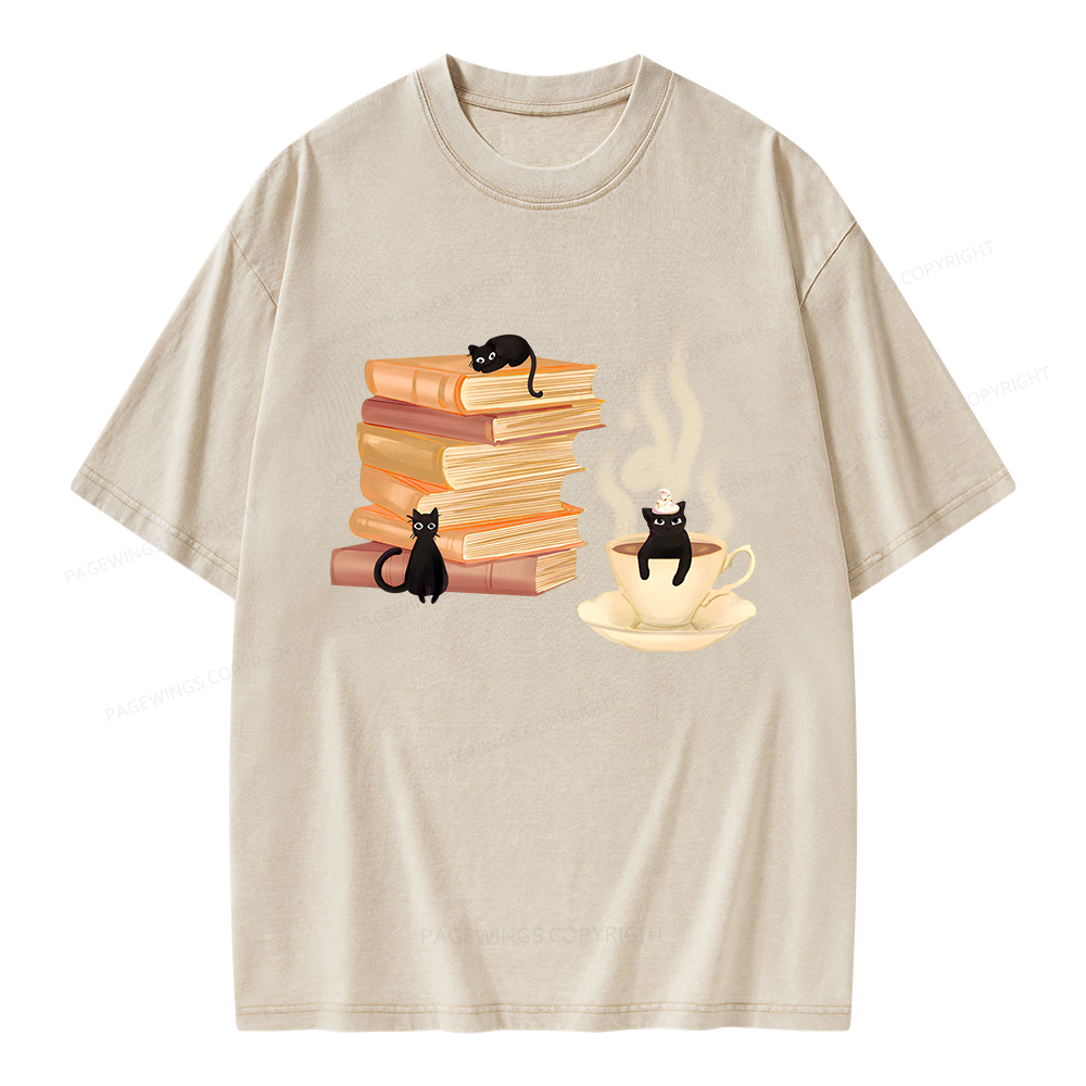 Pagewings Coffee Cats and Books Unisex Washed T-shirt