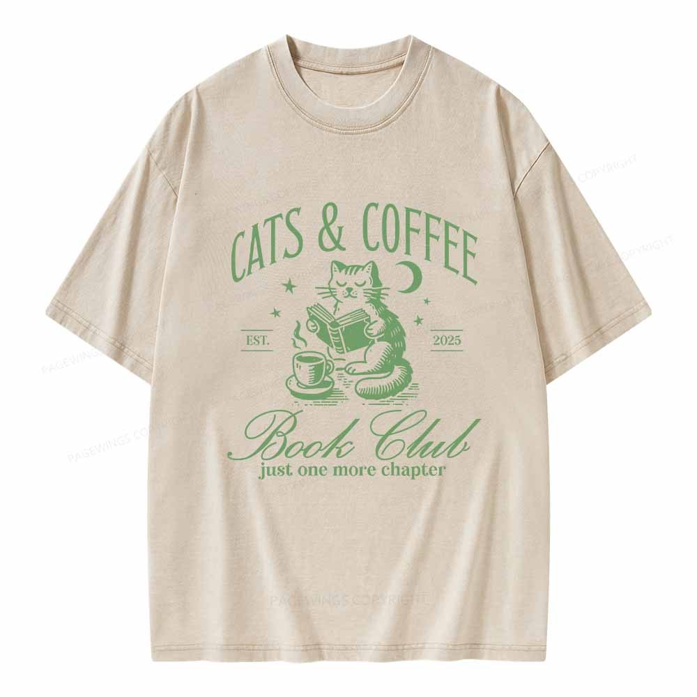 Pagewings Cats and Coffee Bookclub Unisex Washed T-shirt