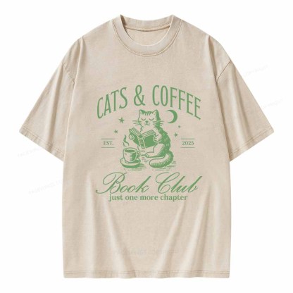 Pagewings Cats and Coffee Bookclub Unisex Washed T-shirt