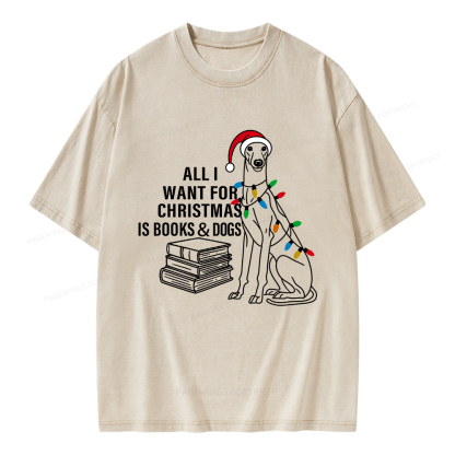 Pagewings All I Want For Christmas Is Books and Dogs Unisex Washed T-shirt