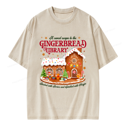 Pagewings Gingerbread Library Christmas Unisex Washed T-shirt