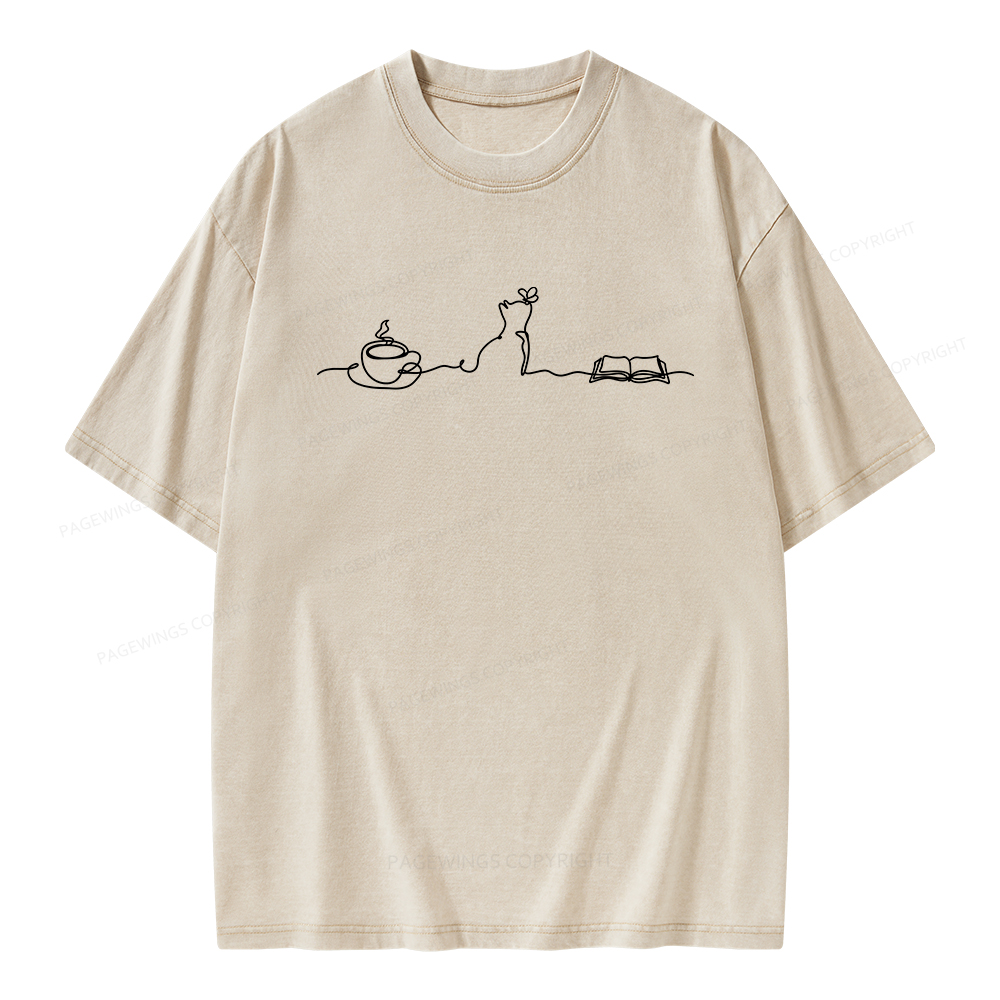 Pagewings Coffee Cats And Books Lover Unisex Washed T-shirt