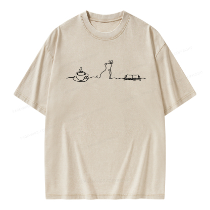 Pagewings Coffee Cats And Books Lover Unisex Washed T-shirt