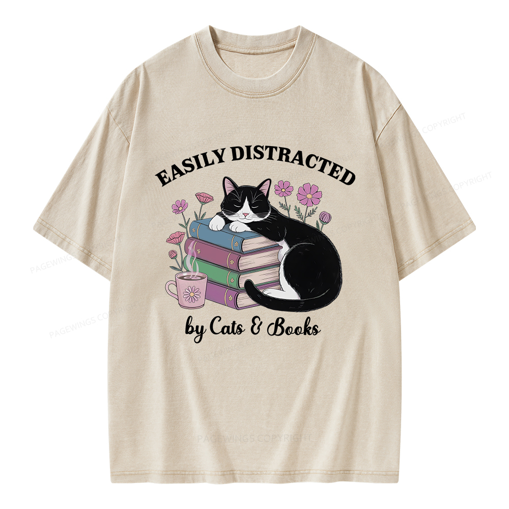 Pagewings Easily Distracted By Cats & Books Unisex Washed T-shirt