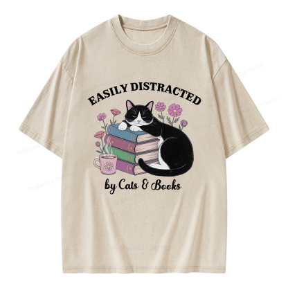 Pagewings Easily Distracted By Cats & Books Unisex Washed T-shirt