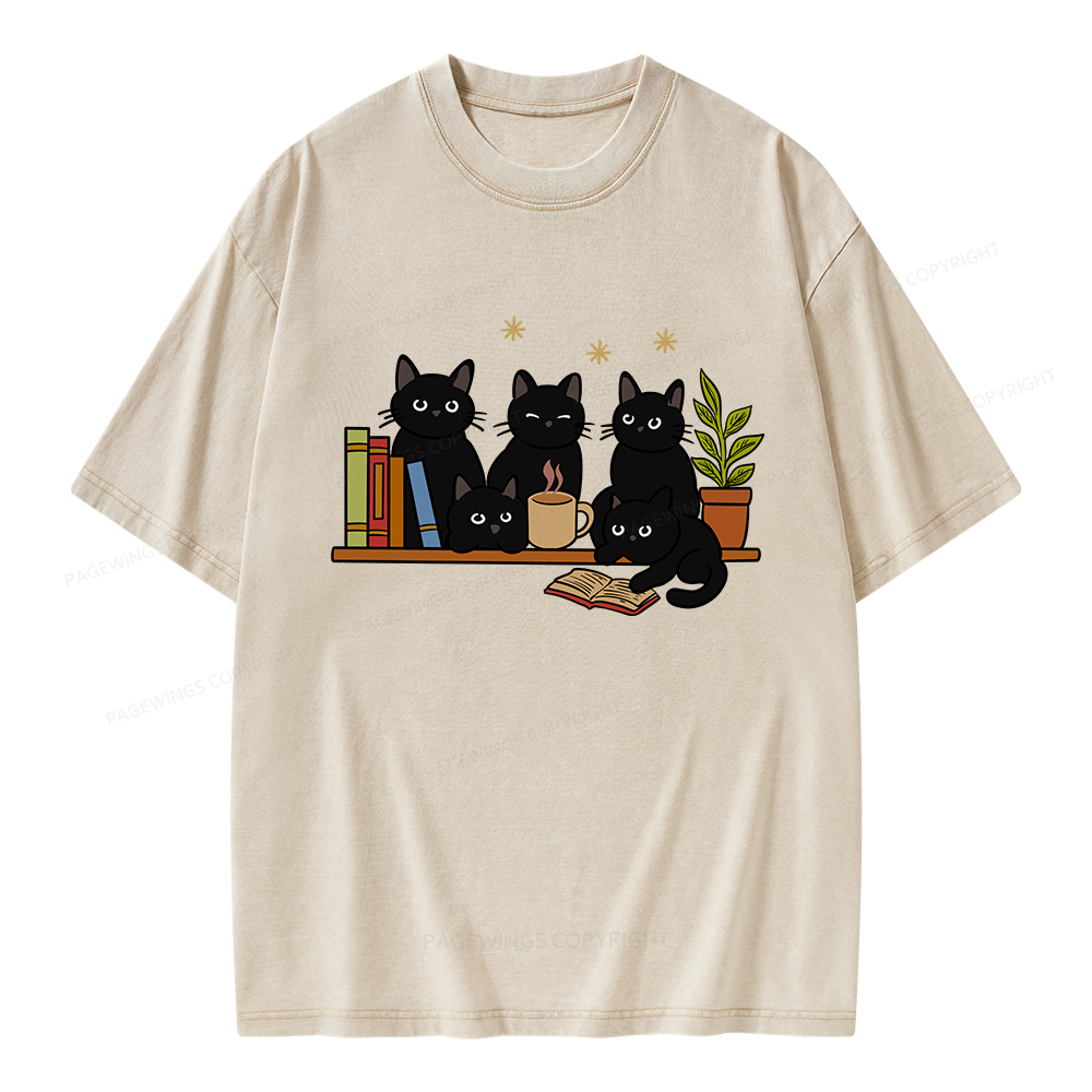 Pagewings Cat On Bookshelf Unisex Washed T-shirt