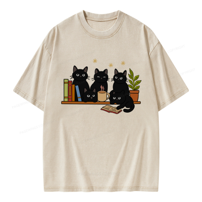 Pagewings Cat On Bookshelf Unisex Washed T-shirt