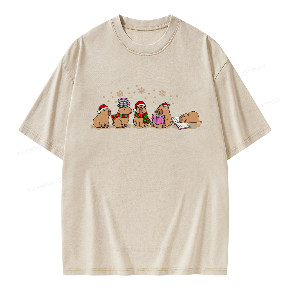 Pagewings Capybara Christmas Reading Unisex Washed T-shirt