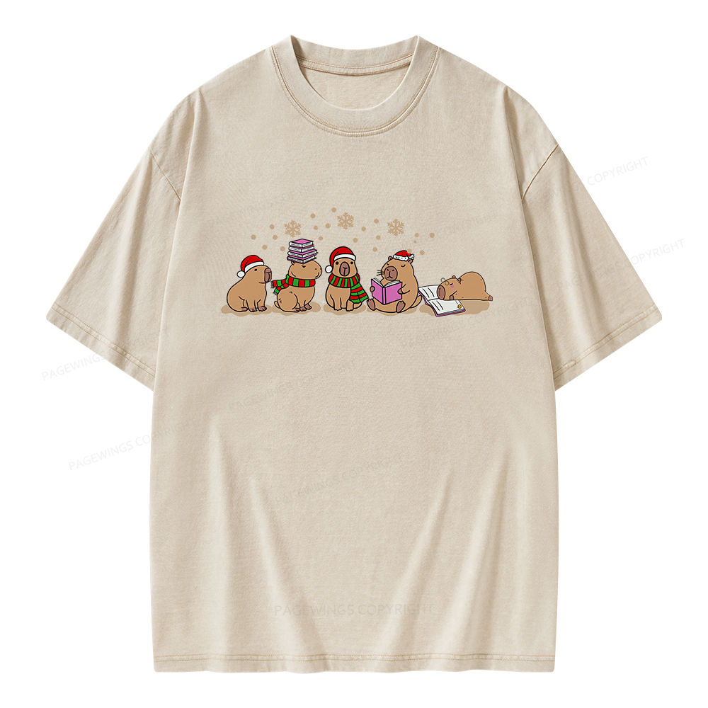 Pagewings Capybara Christmas Reading Unisex Washed T-shirt