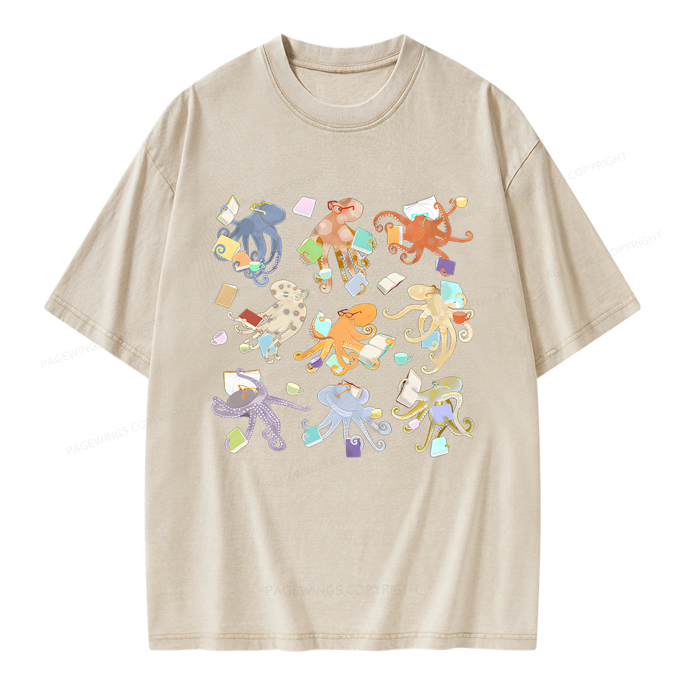 Pagewings Reading Octopuses Unisex Washed T-shirt