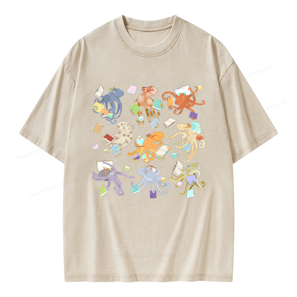 Pagewings Reading Octopuses Unisex Washed T-shirt