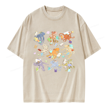 Pagewings Reading Octopuses Unisex Washed T-shirt