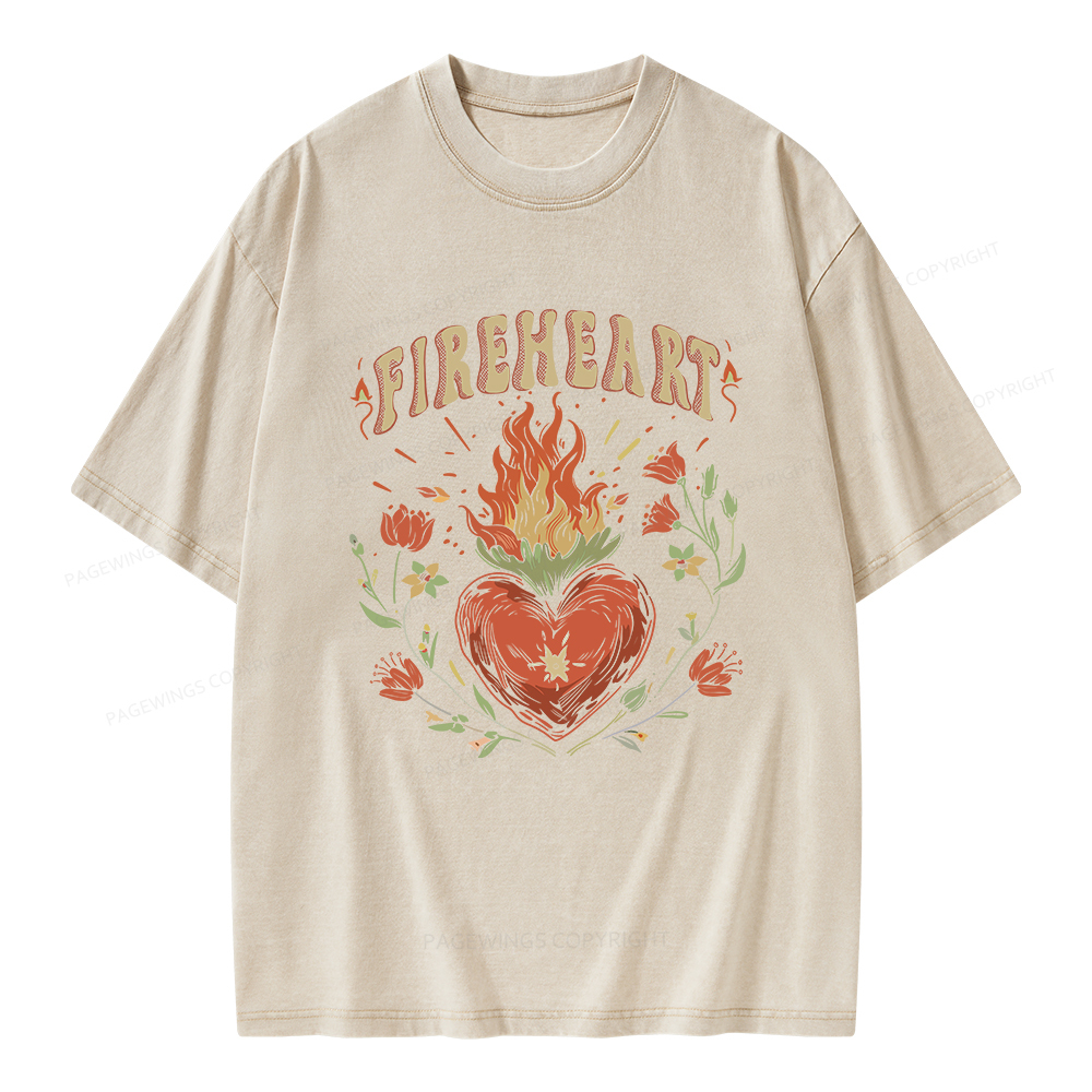 Pagewings Vintage Fire-heart Shirt Unisex Washed T-shirt