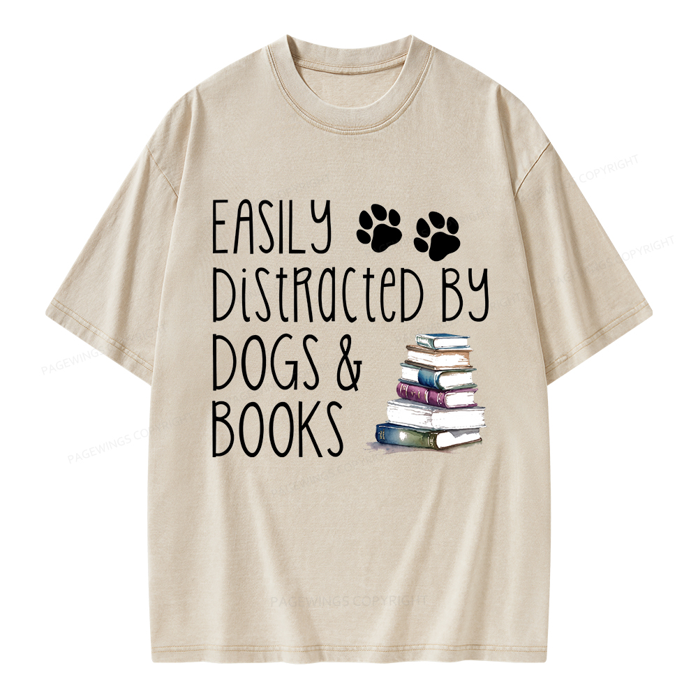 Pagewings Easily Distracted By Dogs And Books Unisex Washed T-shirt