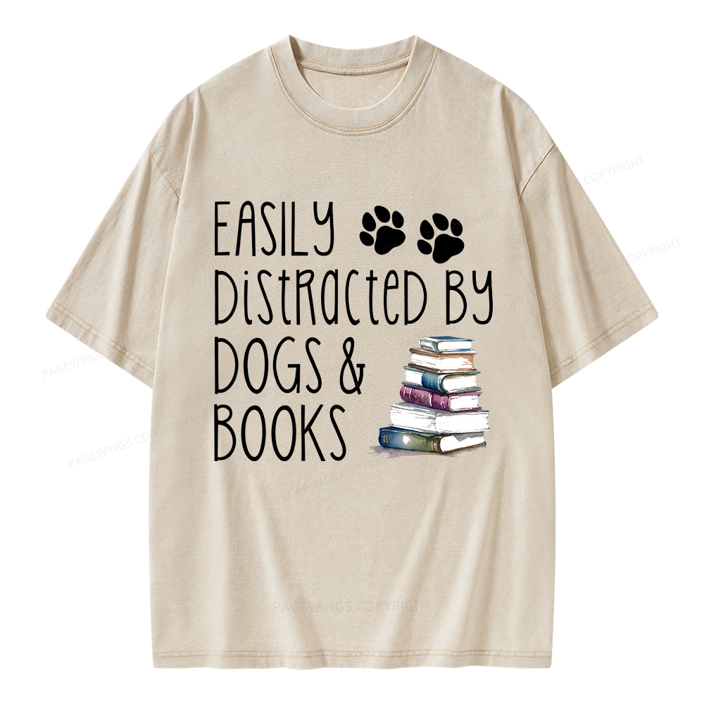 Pagewings Easily Distracted By Dogs And Books Unisex Washed T-shirt