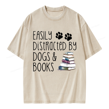 Pagewings Easily Distracted By Dogs And Books Unisex Washed T-shirt