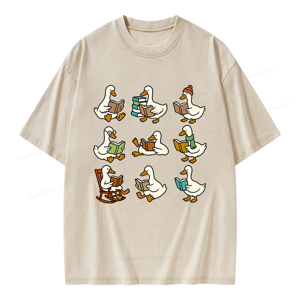 Pagewings Cute Goose Reading Unisex Washed T-shirt