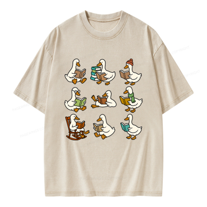 Pagewings Cute Goose Reading Unisex Washed T-shirt