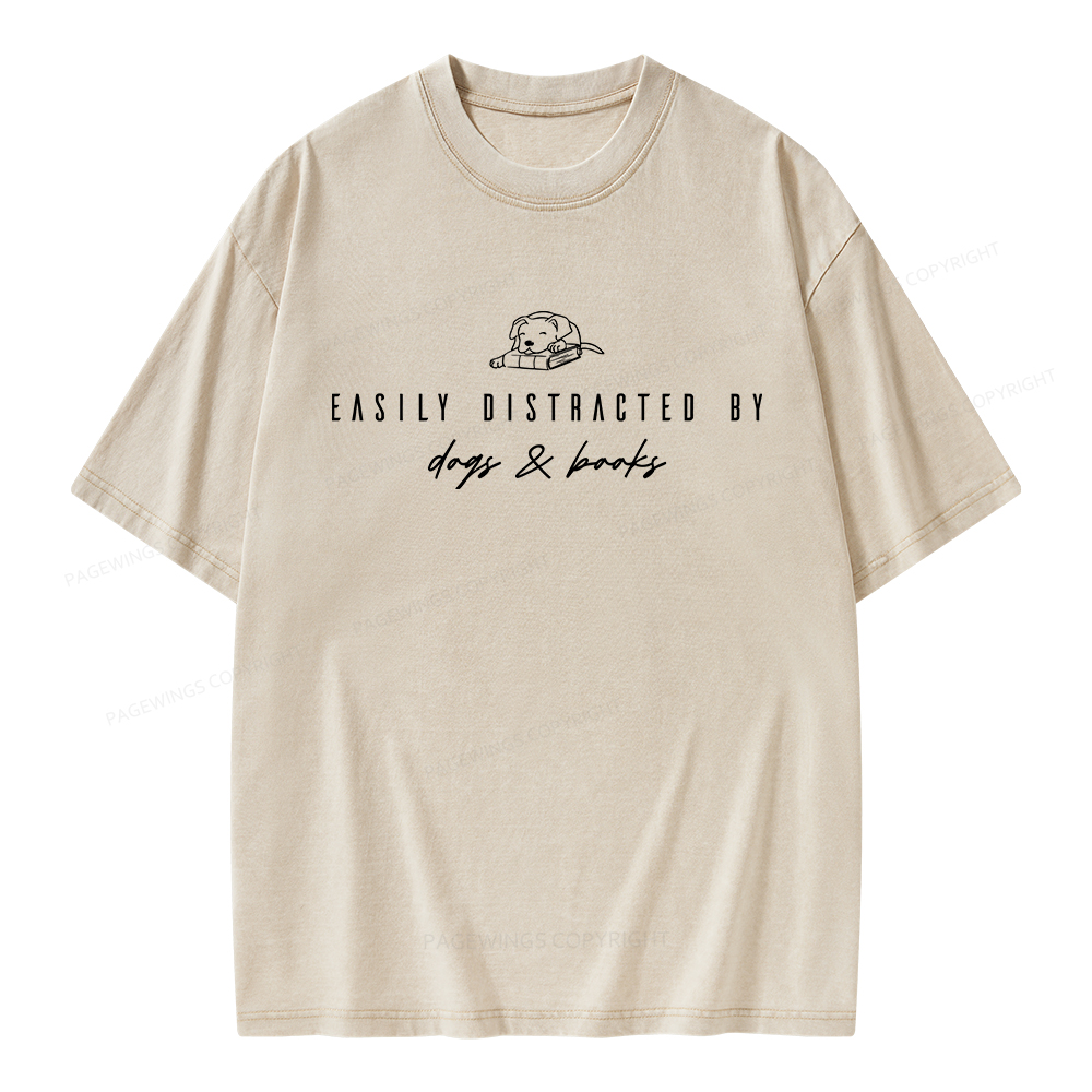 Pagewings Easily Distracted By Dogs And Books Unisex Washed T-shirt