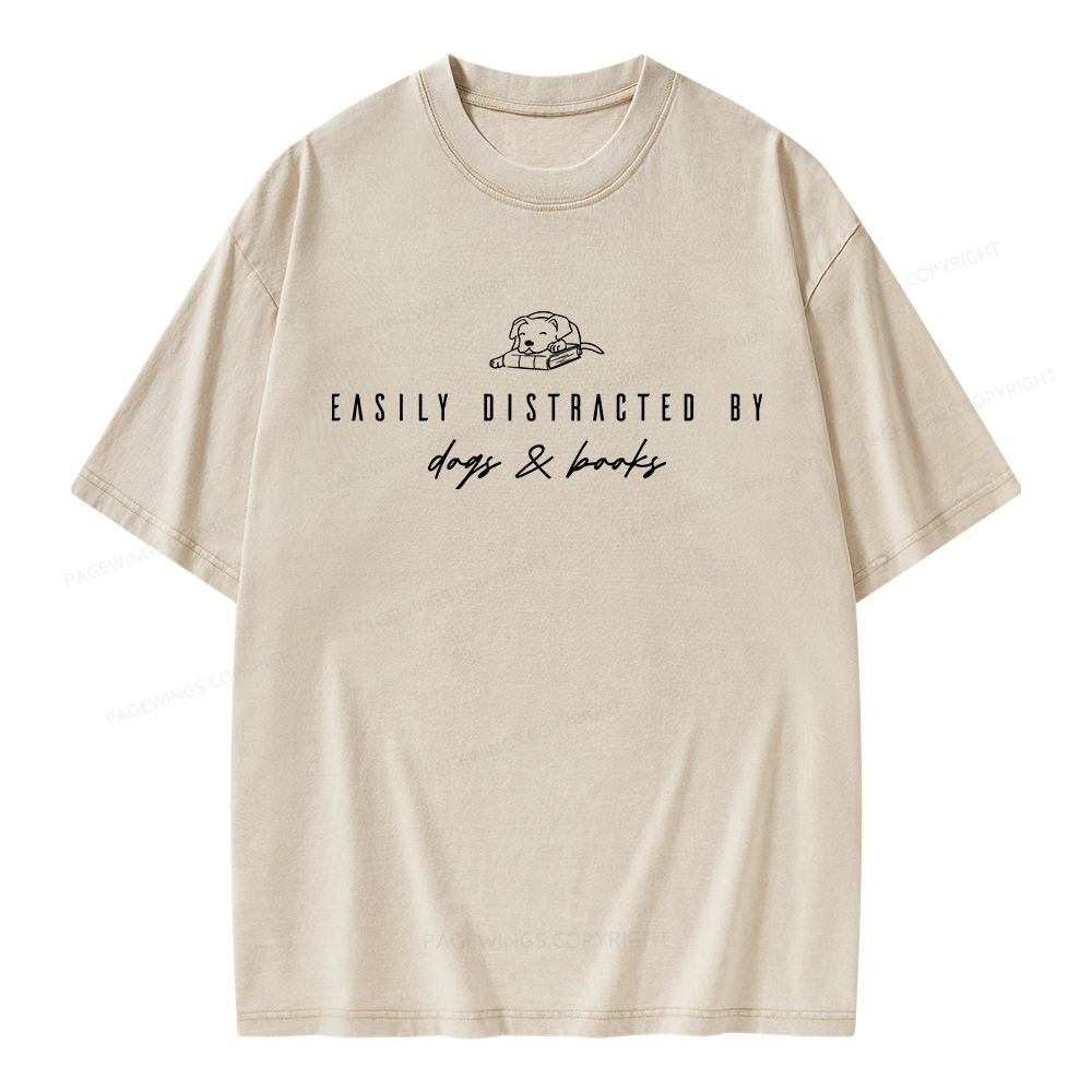 Pagewings Easily Distracted By Dogs And Books Unisex Washed T-shirt