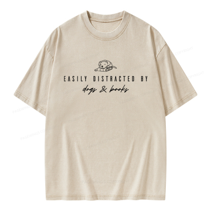 Pagewings Easily Distracted By Dogs And Books Unisex Washed T-shirt