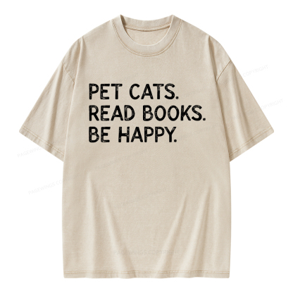 Pagewings Pet Cats Read Books Be Happy Unisex Washed T-shirt