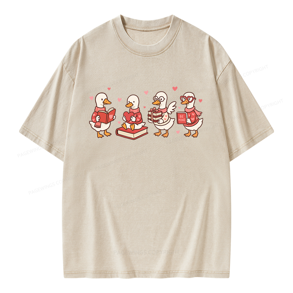 Pagewings Goose Book Lover Valentines Day Unisex Washed T-shirt