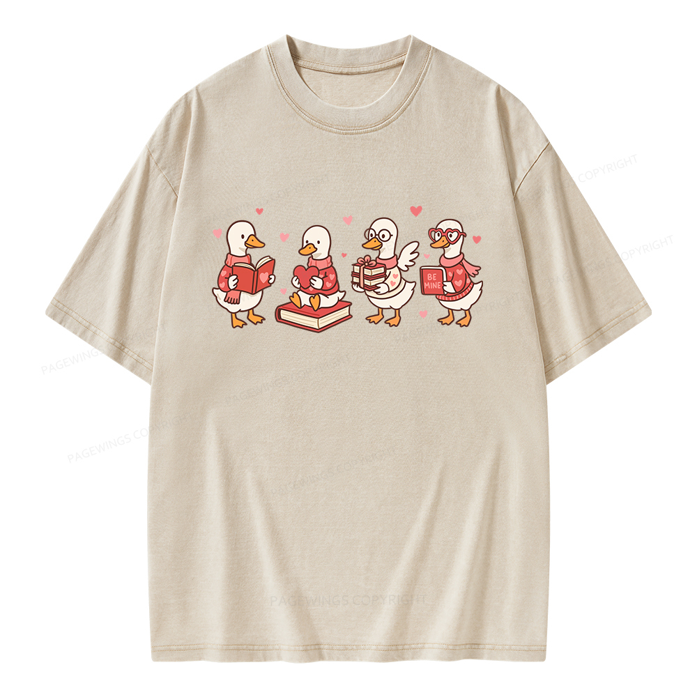 Pagewings Goose Book Lover Valentines Day Unisex Washed T-shirt