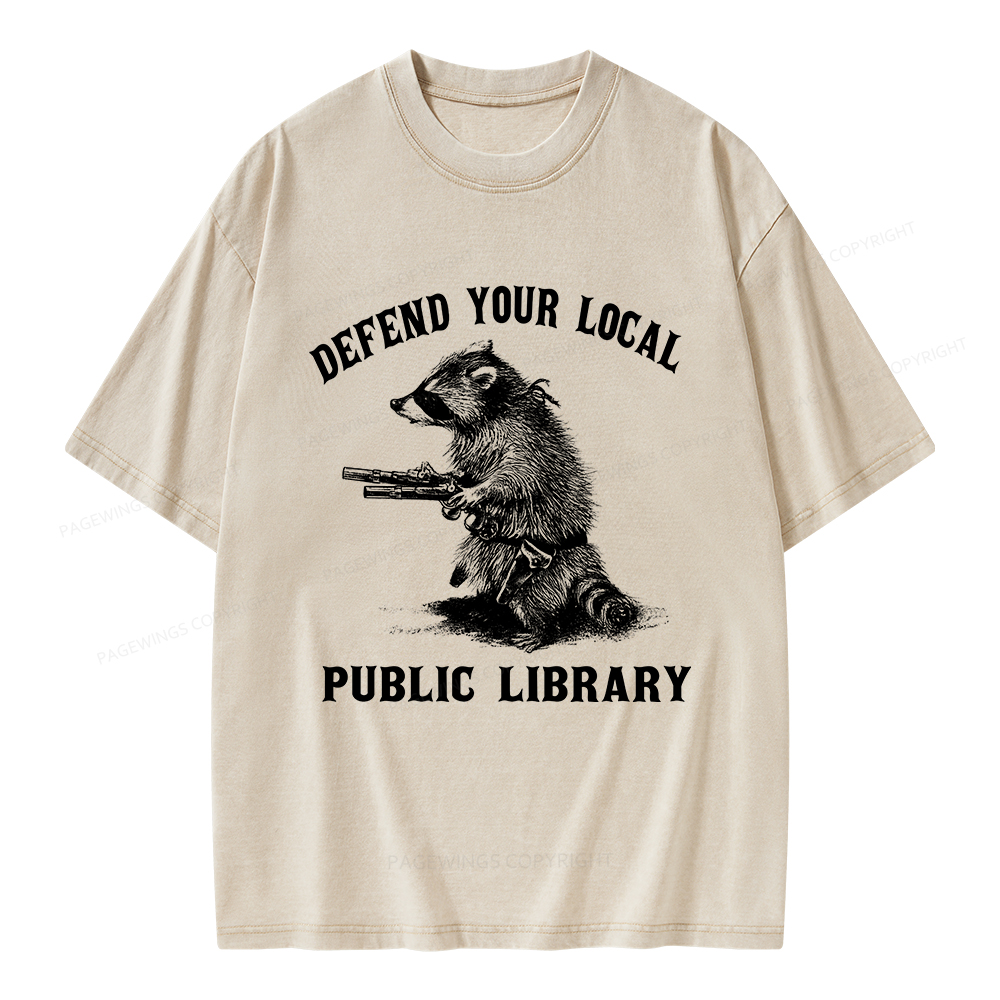 Pagewings Raccoon Defend Your Local Public Library Unisex Washed T-shirt