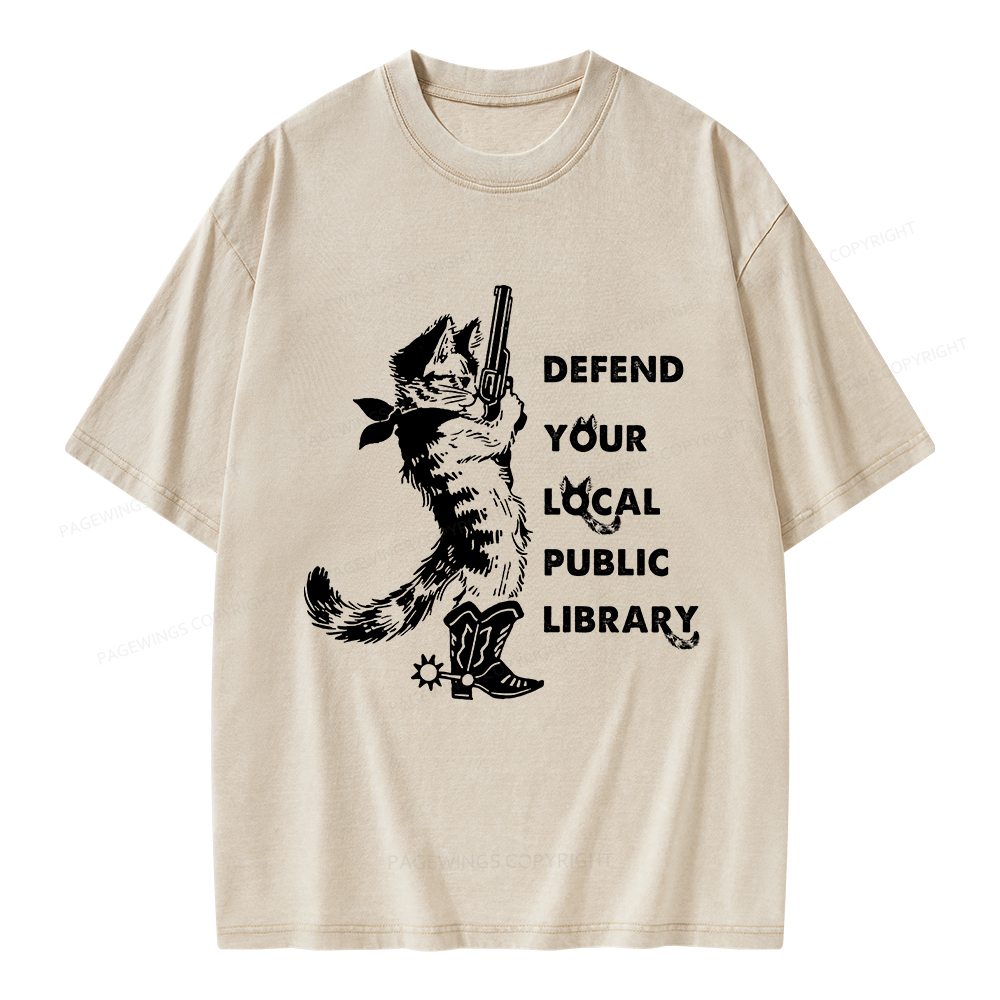 Pagewings Cat Defend Your Local Public Library Unisex Washed T-shirt