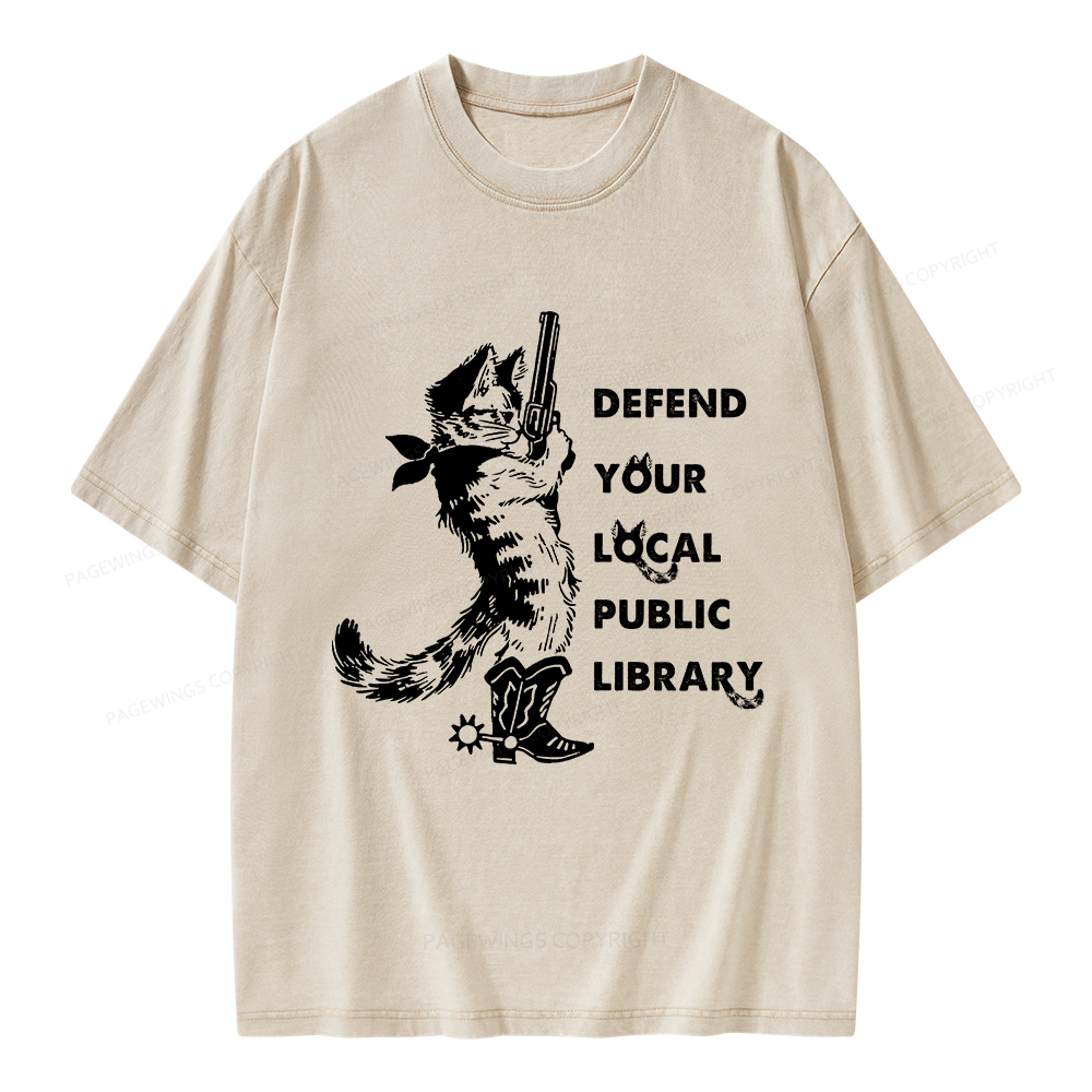 Pagewings Cat Defend Your Local Public Library Unisex Washed T-shirt